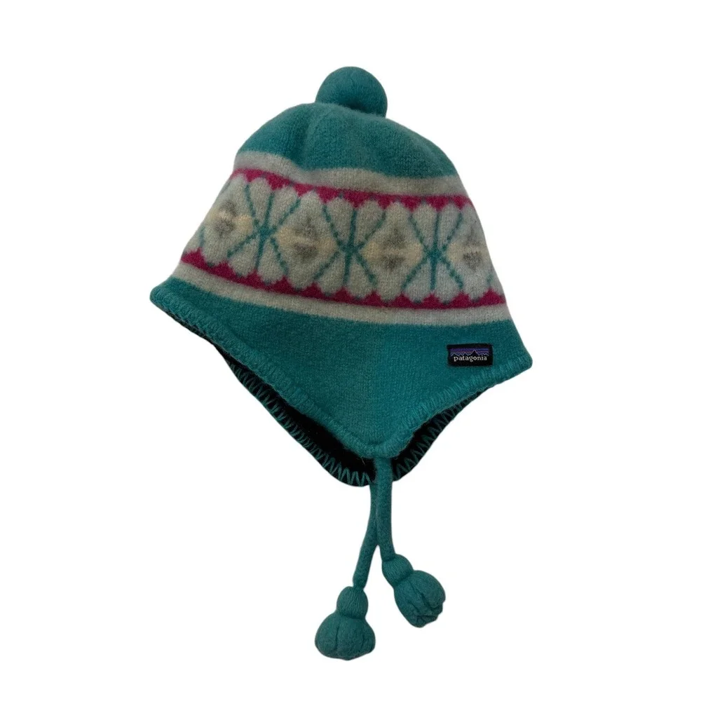 Patagonia Kids Wooly Hat Teal Fair Isle‎ Knit Fleece Lined Earflap Beanie Hat